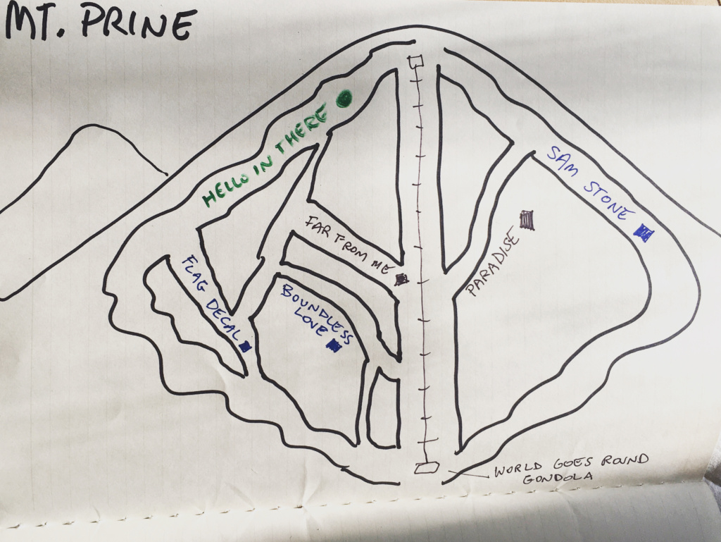 This is a drawing of a ski hill with all of the runs named after John Prine Songs. Art by singer/songwriter, Jefferson Hamer.