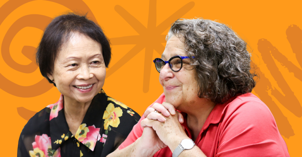 medium close up of two participants from a creative aging workshop against a yellow background