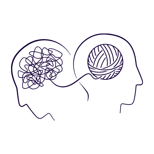 A doodle icon of two heads; one head has a brain in it and the other has a ball of yarn. The brain and ball of yarn are connected.
