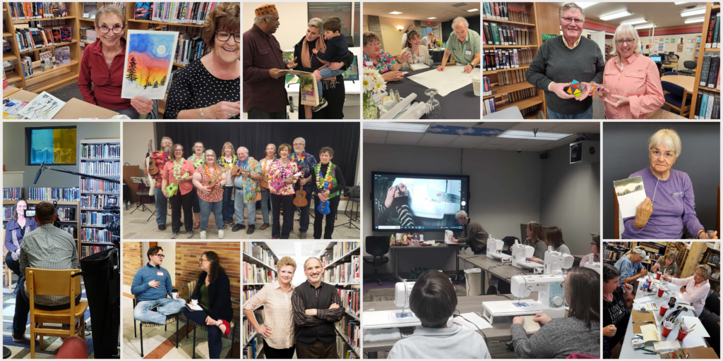 A collage of photos of library workers and older adults participating in creative aging programs. Photos show watercolor painting classes, ukelele classes, storytelling, glassmaking, and other art forms, all taking place in libraries.