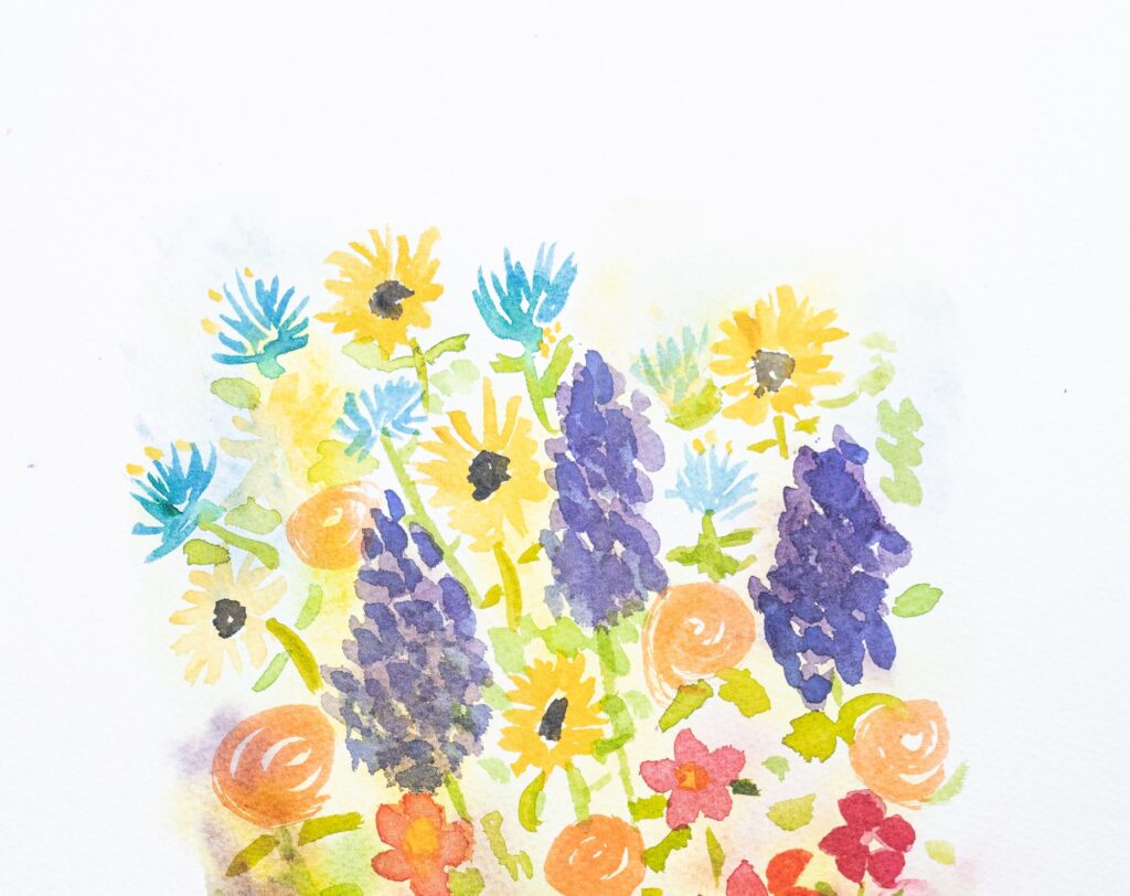 A painting of a bunch of yellow, red, orange and purple flowers.