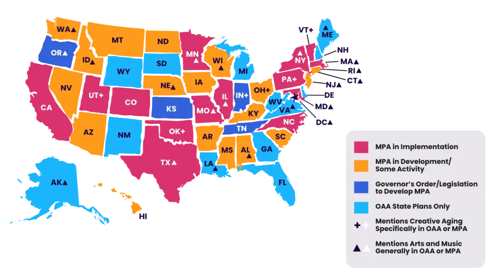 Visual map of the United States indicating states that are Master Plans for Aging and Older Adult Aging plans.