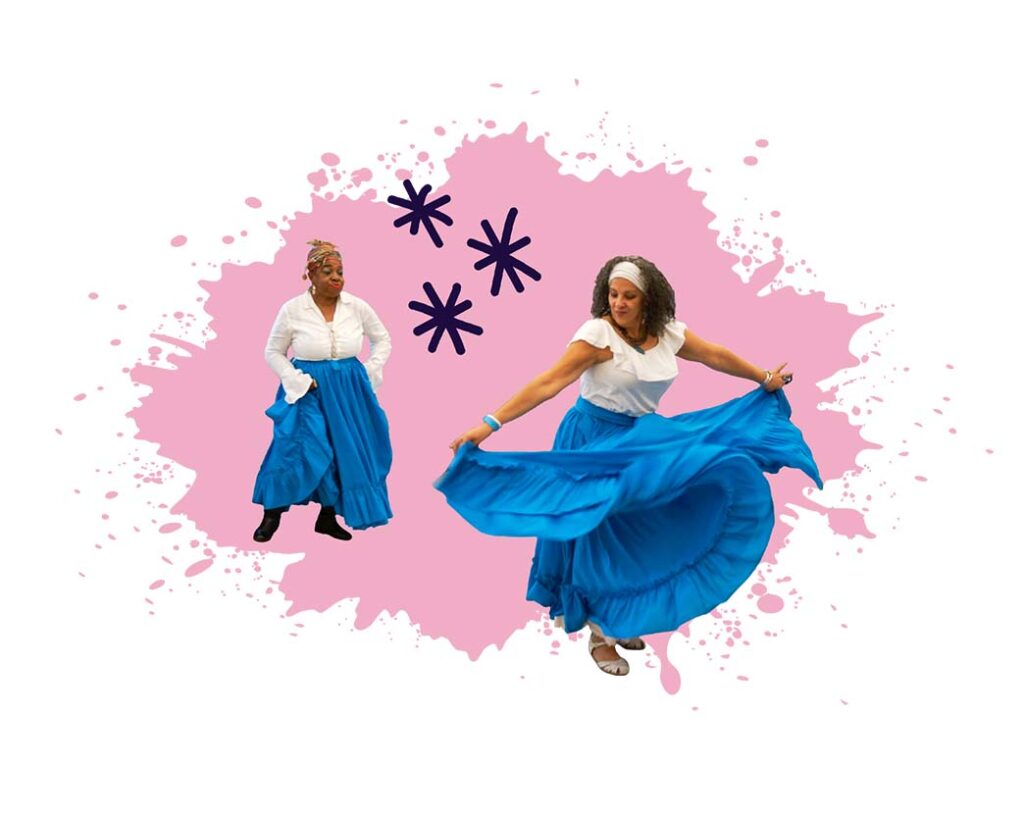 Two women in blue skirts dance, with light pink paint splatter and asterisk doodles in the background.