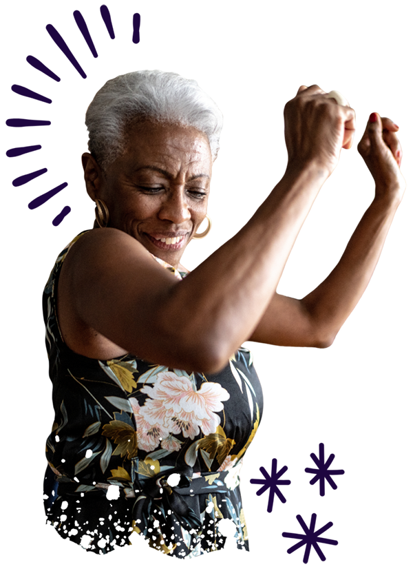 Cut-out image of a older woman dancing with her arms up and her eyes closed while she is smiling. There's a dark blue starburst doodle to the left of her head and three star doodles to the right of her torso.
