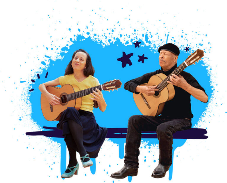A female teaching artist and older adult man sit on a bench together playing guitar. Blue paint splatter surrounds them with star doodles.