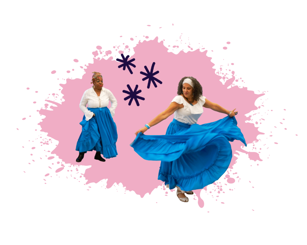 Two women in blue skirts dance, with light pink paint splatter and asterisk doodles in the background. 